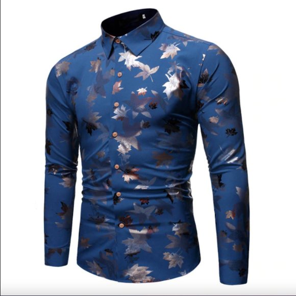 Men Blue Long Sleeve Silk Floral Autumn Printed Shirt Size L - Picture 2 of 4
